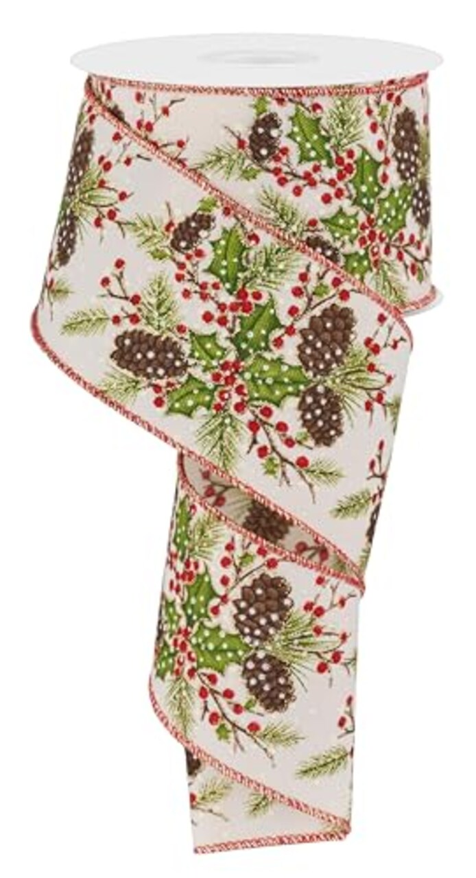 RG Ribbon: Holly Berries and Pinecones Wired Christmas Ribbon - 2.5" x 10 Yards - Ivory - For Bows, Wreaths, Crafts and Decorations
